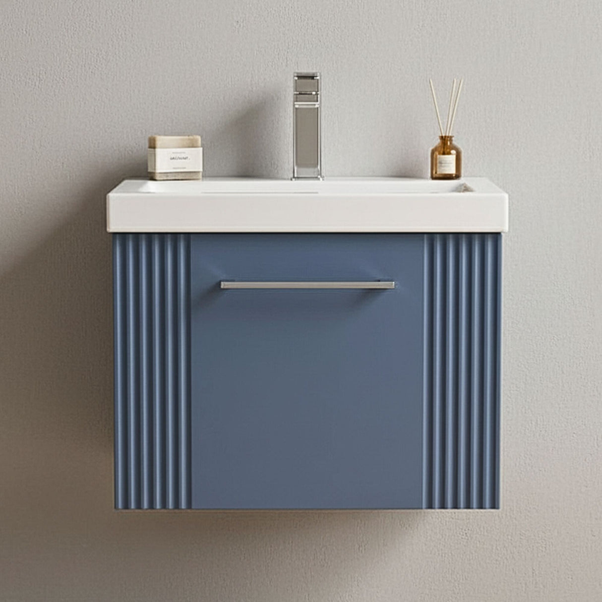 [BFPF391A] Belvide Partial Fluted 1 Drawer Wall Hung Vanity Unit with Mid-Edge 1 Tap Hole Ceramic Basin - Silo