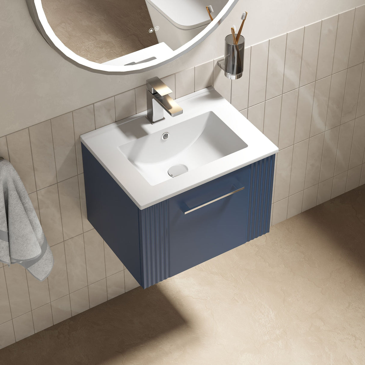 [BFPF391B] Belvide Retro Partial Fluted 1 Drawer Wall Hung Vanity Basin Unit with Minimalist Basin, Choice of Size and Colour