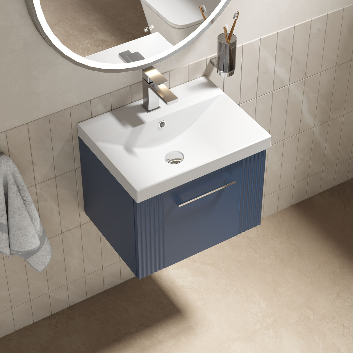 [BFPF391D] Belvide Retro Partial Fluted 1 Drawer Wall Hung Vanity Basin Unit with Thin-Edge Basin, Choice of Size and Colour - Lifestyle 2