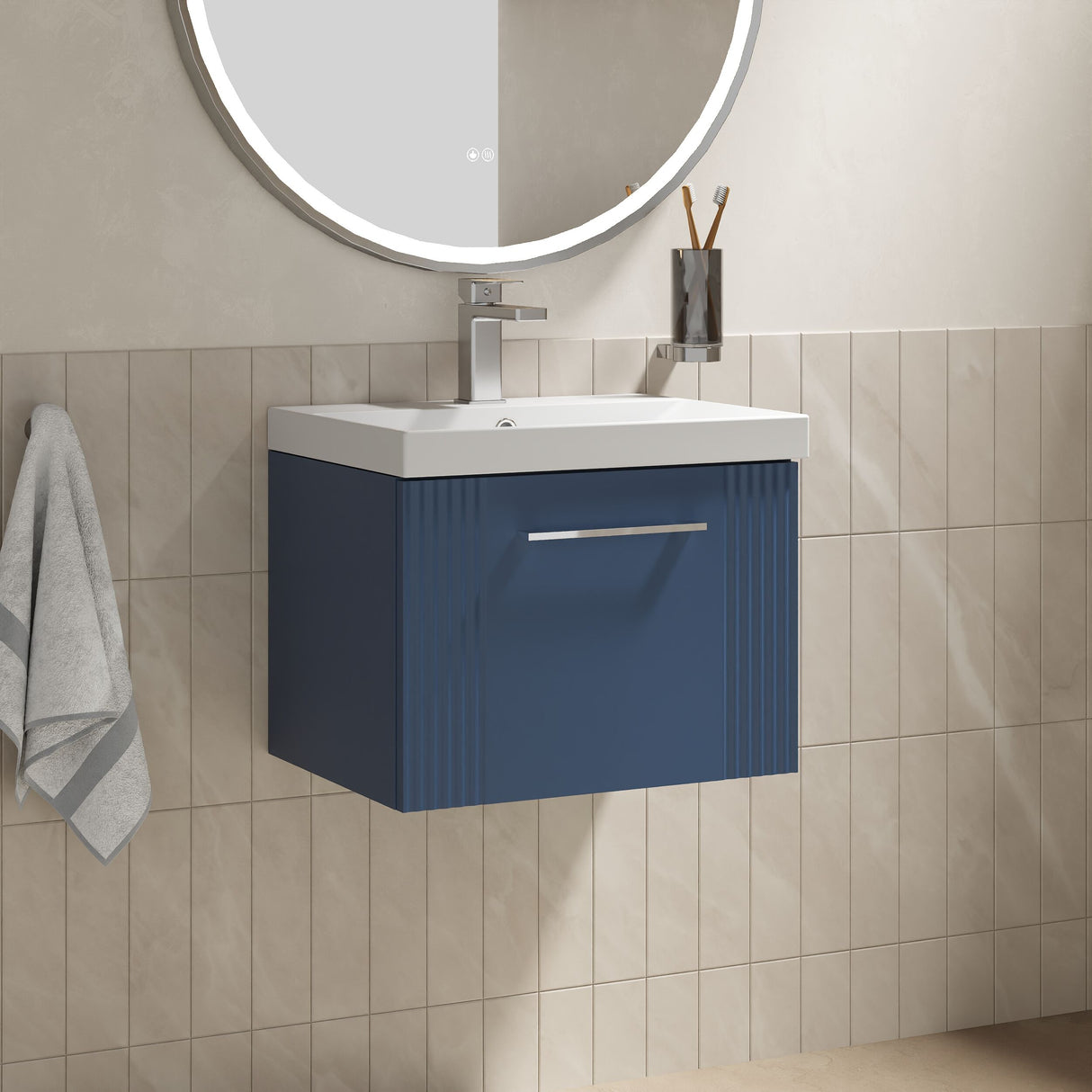 [BFPF391D] Belvide Retro Partial Fluted 1 Drawer Wall Hung Vanity Basin Unit with Thin-Edge Basin, Choice of Size and Colour - Lifestyle 3