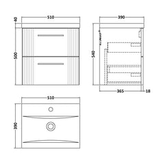 [BFPF392A] Belvide Partial Fluted 2 Drawer Wall Hung Vanity Unit with Mid-Edge 1 Tap Hole Ceramic Basin - Technical Drawing