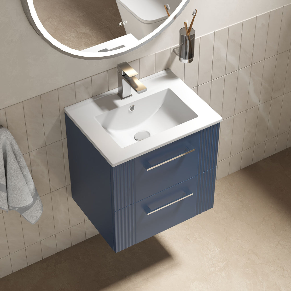 [BFPF392B] Belvide Retro Partial Fluted 2 Drawer Wall Hung Vanity Basin Unit with Minimalist Basin, Choice of Size and Colour - Lifestyle 2