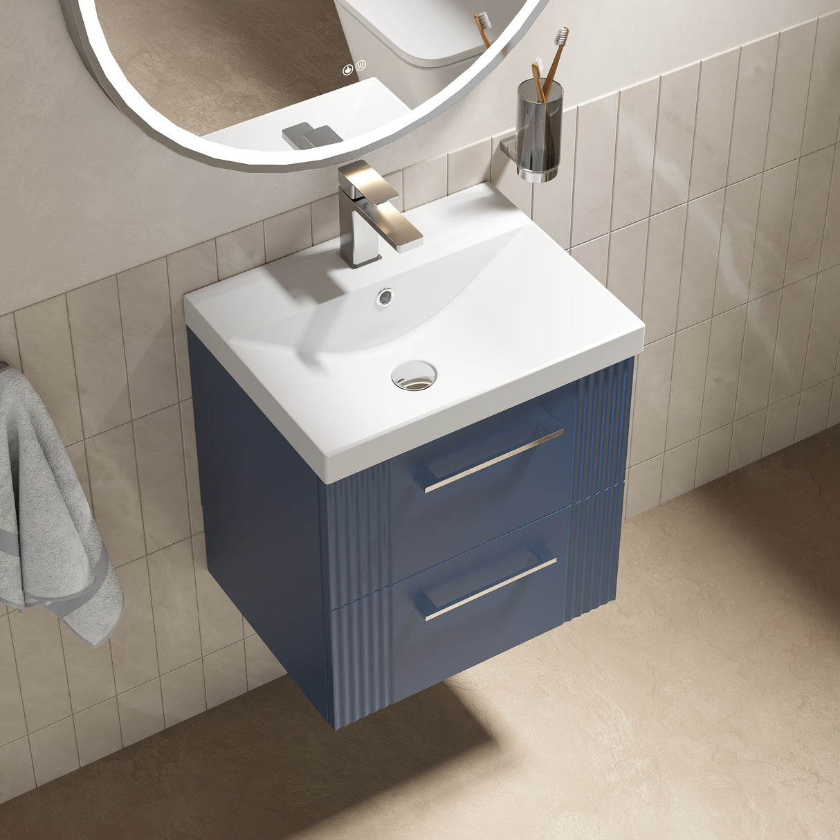 [BFPF392D] Belvide Retro Partial Fluted 2 Drawer Wall Hung Vanity Basin Unit with Thin-Edge Basin, Choice of Size and Colour - Lifestyle 2