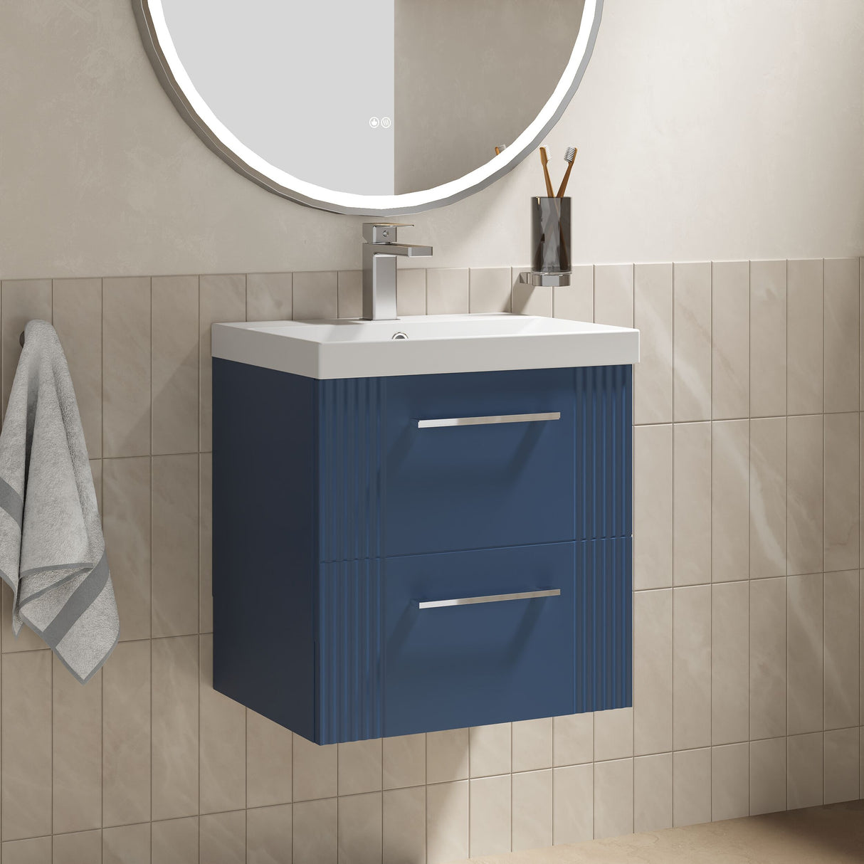 [BFPF392D] Belvide Retro Partial Fluted 2 Drawer Wall Hung Vanity Basin Unit with Thin-Edge Basin, Choice of Size and Colour - Lifestyle 3