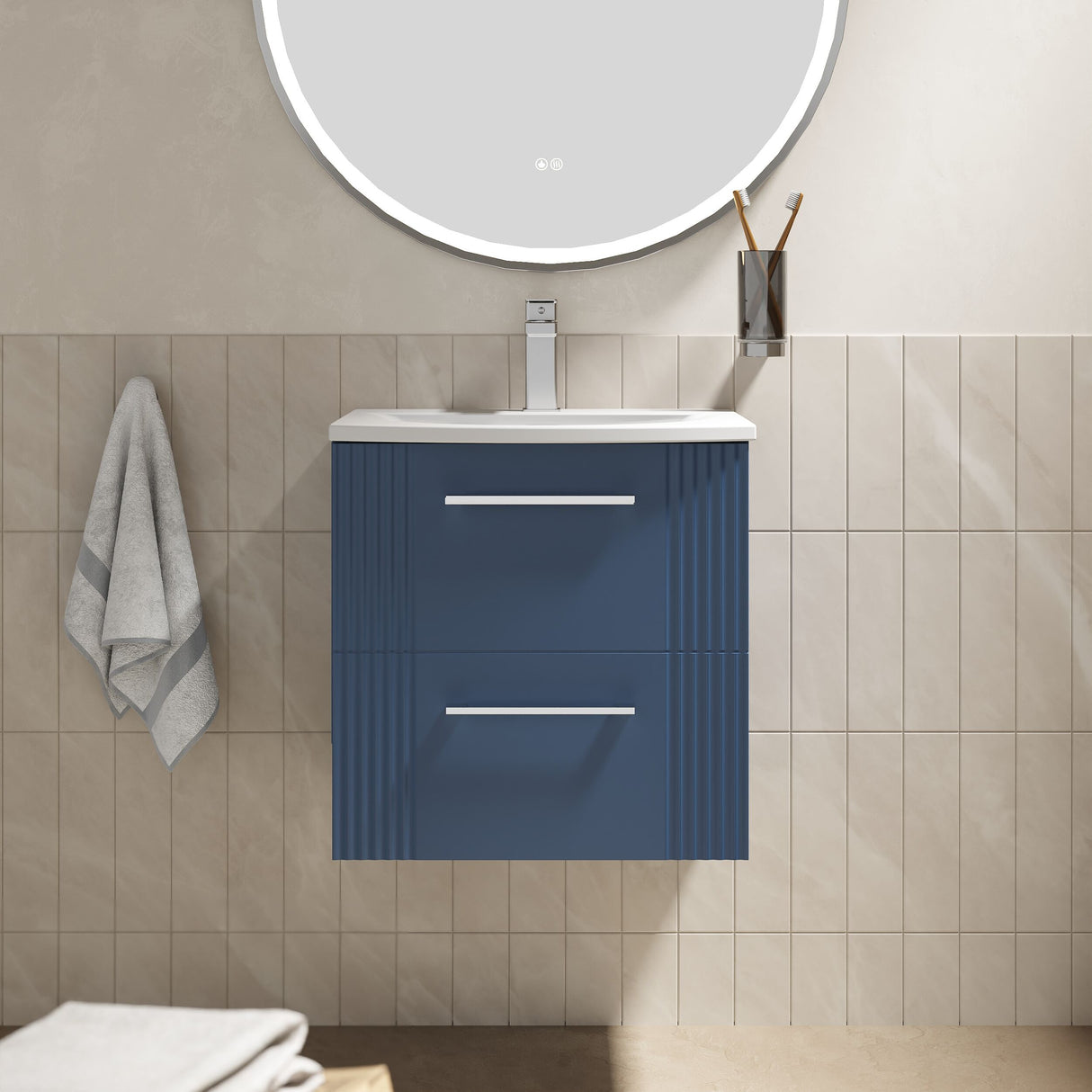 [BFPF392G] Belvide Retro Partial Fluted 2 Drawer Wall Hung Vanity Basin Unit with Curved Basin, Choice of Size and Colour - Lifestyle 1