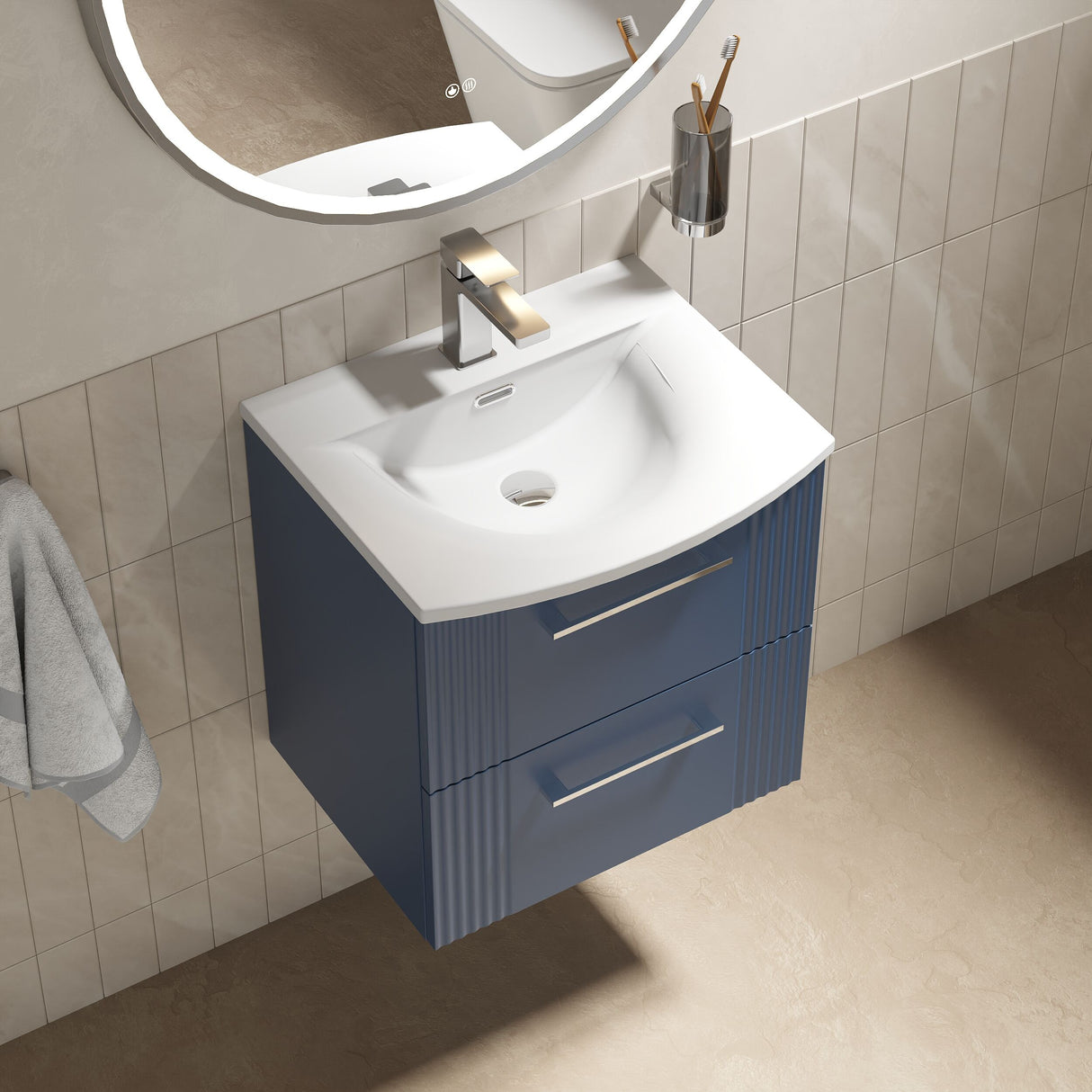 [BFPF392G] Belvide Retro Partial Fluted 2 Drawer Wall Hung Vanity Basin Unit with Curved Basin, Choice of Size and Colour - Lifestyle 2
