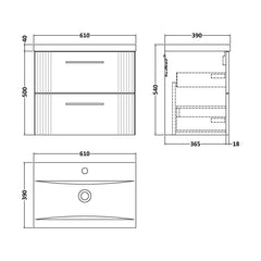 [BFPF393A] Belvide Partial Fluted 2 Drawer Wall Hung Vanity Unit with Mid-Edge 1 Tap Hole Ceramic Basin - Technical Drawing