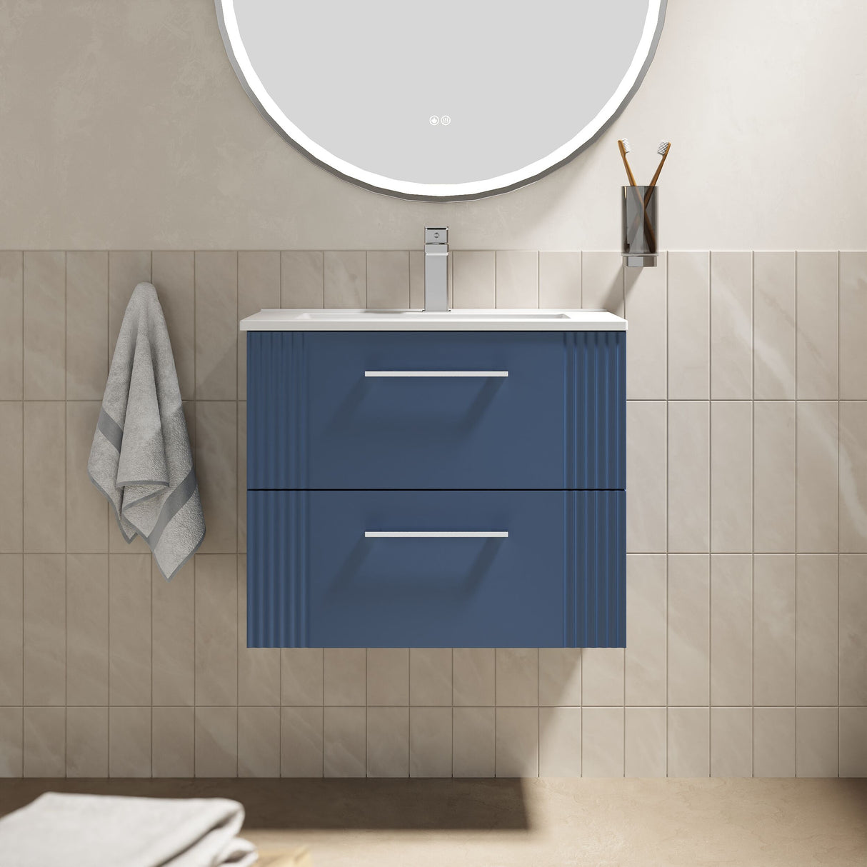 [BFPF393B] Belvide Retro Partial Fluted 2 Drawer Wall Hung Vanity Basin Unit with Minimalist Basin, Choice of Size and Colour - Lifestyle 1