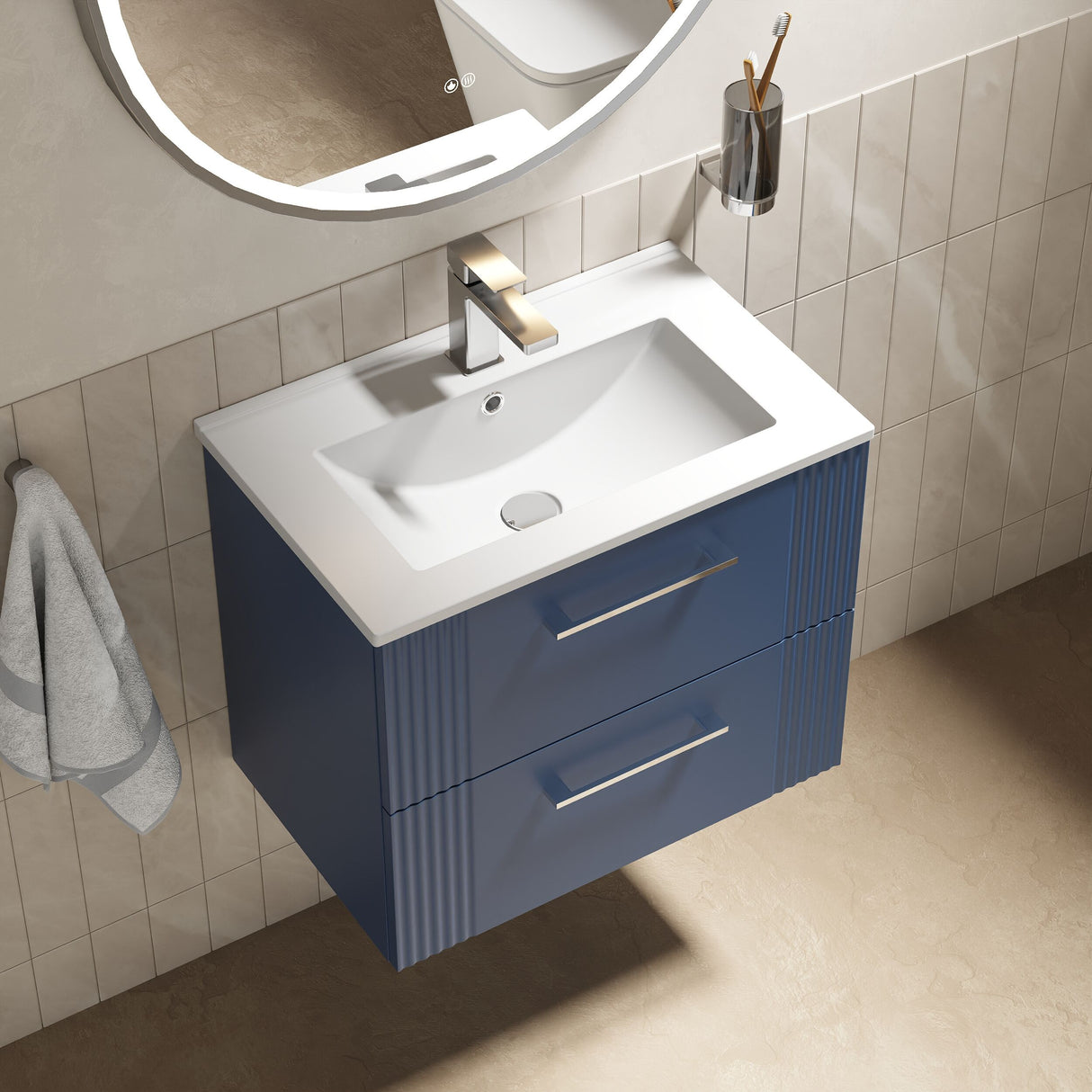 [BFPF393B] Belvide Retro Partial Fluted 2 Drawer Wall Hung Vanity Basin Unit with Minimalist Basin, Choice of Size and Colour - Lifestyle 2