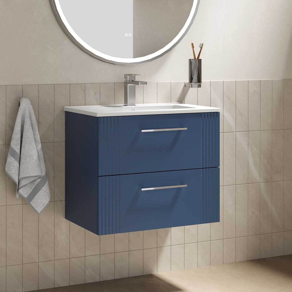 [BFPF393B] Belvide Retro Partial Fluted 2 Drawer Wall Hung Vanity Basin Unit with Minimalist Basin, Choice of Size and Colour - Lifestyle 3