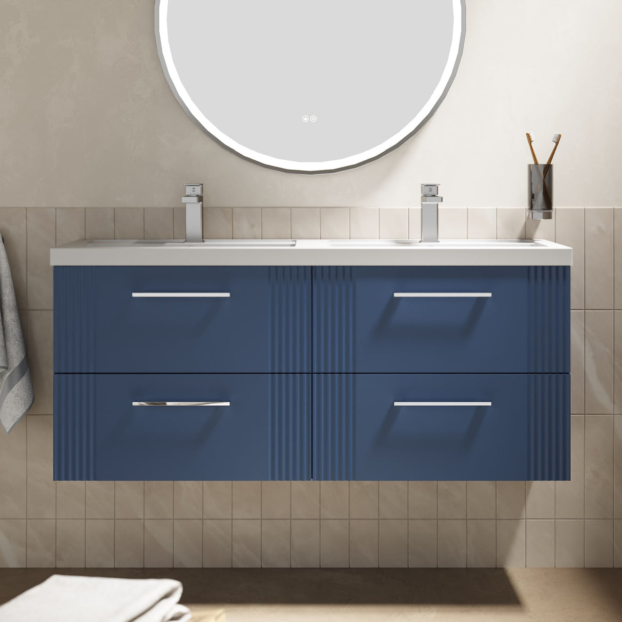 [BFPF393C] Belvide Retro Partial Fluted 4 Drawer Wall Hung Vanity Basin Unit with Double Polymarble Basin, Choice of Colour - Lifestyle 1