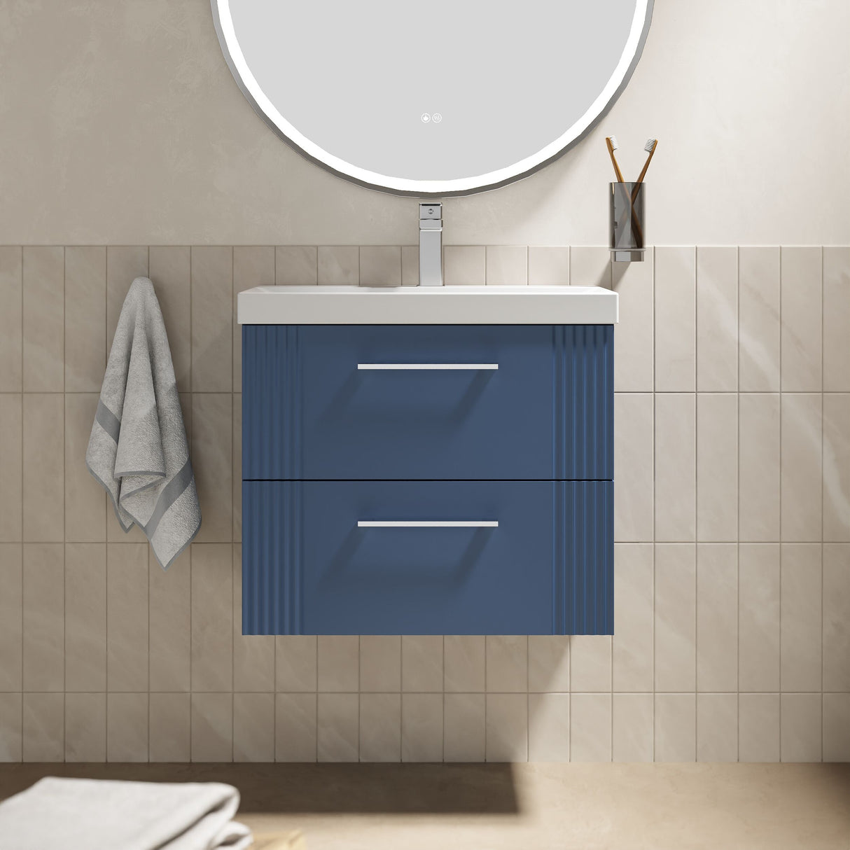 [BFPF393D] Belvide Retro Partial Fluted 2 Drawer Wall Hung Vanity Basin Unit with Thin-Edge Basin, Choice of Size and Colour - Lifestyle 1