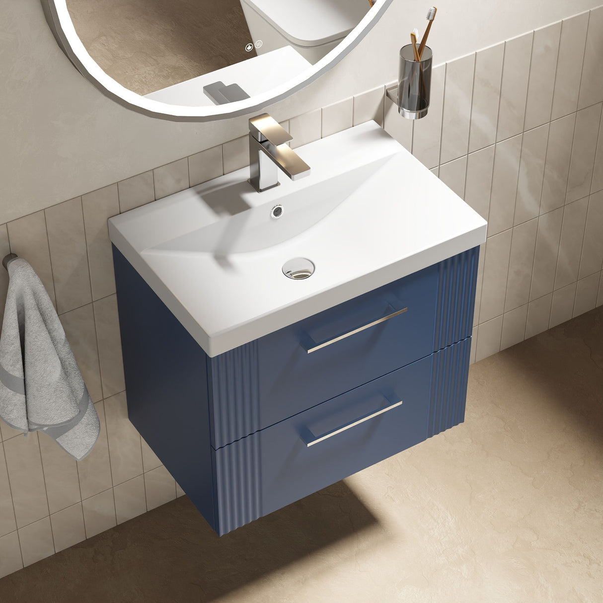 [BFPF393D] Belvide Retro Partial Fluted 2 Drawer Wall Hung Vanity Basin Unit with Thin-Edge Basin, Choice of Size and Colour - Lifestyle 2