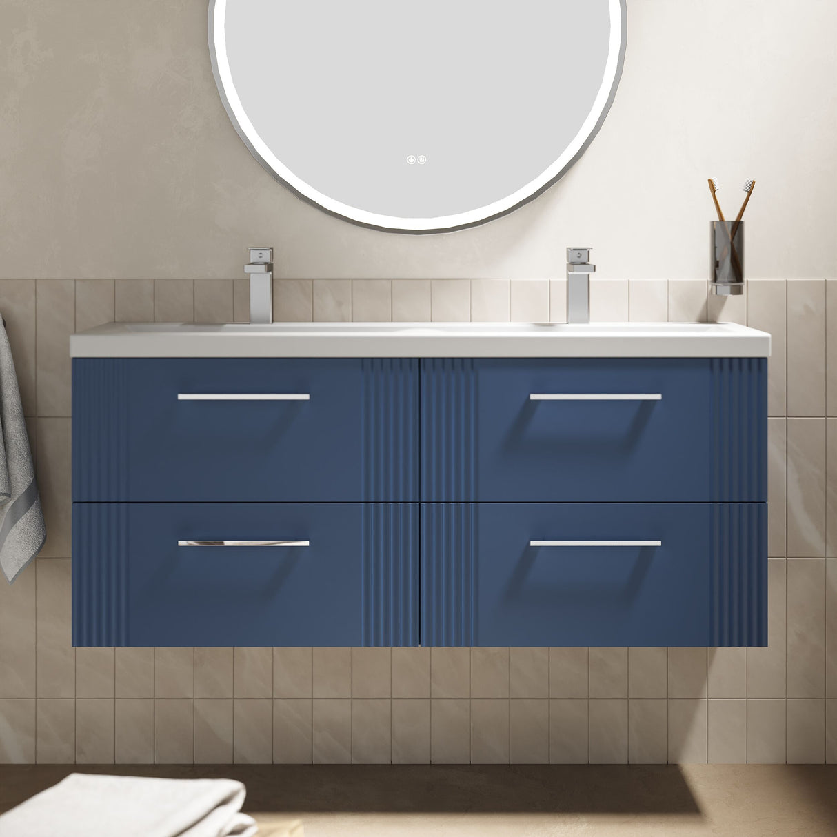 [BFPF393F] Belvide Retro Partial Fluted 4 Drawer Wall Hung Vanity Basin Unit with Double Ceramic Basin, Choice of Colour - Lifestyle 1