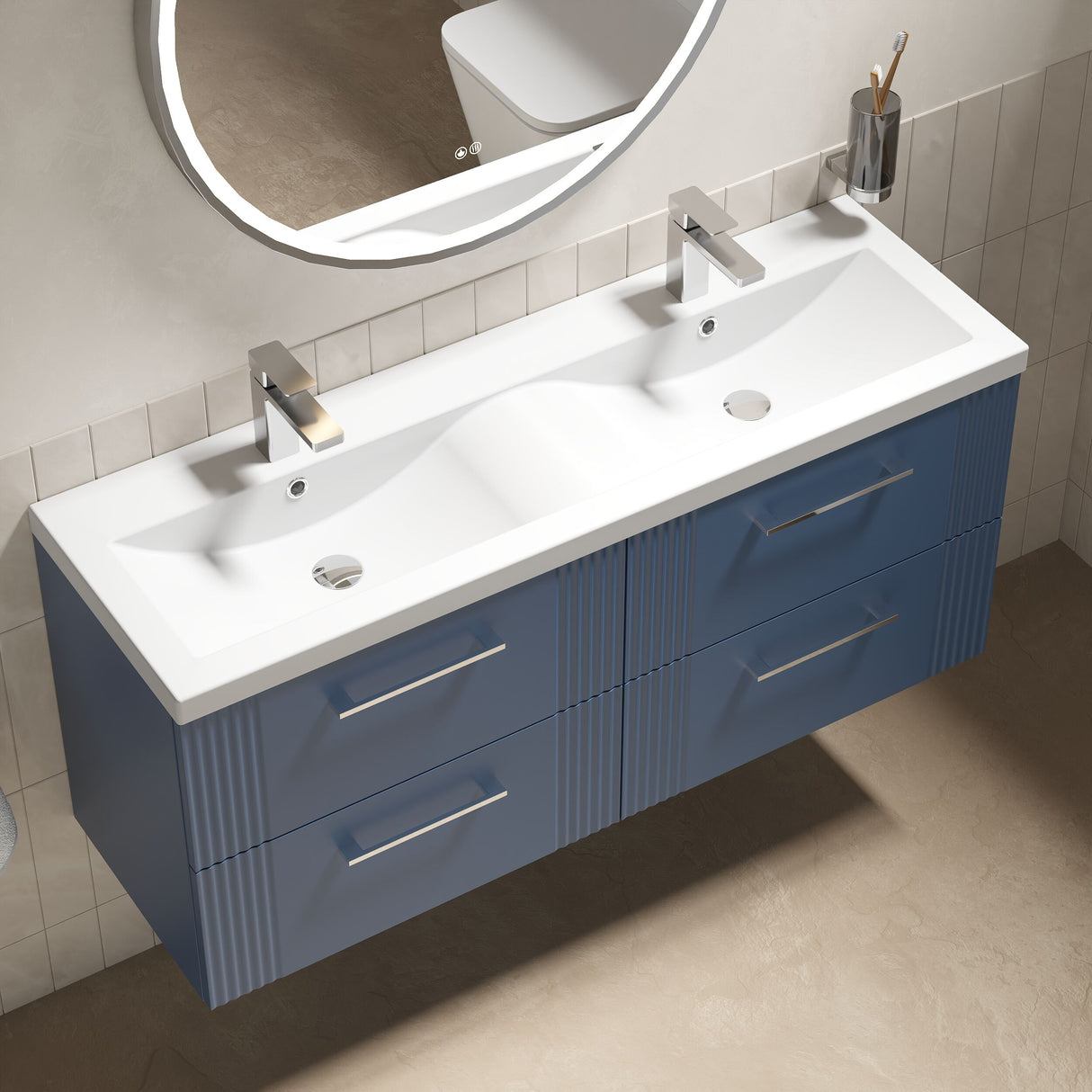 [BFPF393F] Belvide Retro Partial Fluted 4 Drawer Wall Hung Vanity Basin Unit with Double Ceramic Basin, Choice of Colour - Lifestyle 2