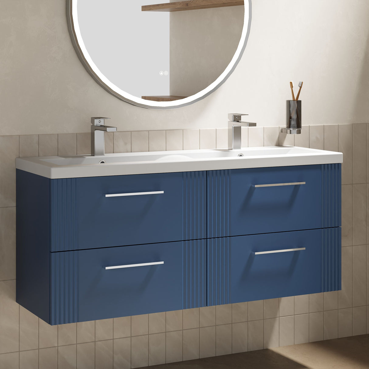 [BFPF393F] Belvide Retro Partial Fluted 4 Drawer Wall Hung Vanity Basin Unit with Double Ceramic Basin, Choice of Colour - Lifestyle 3