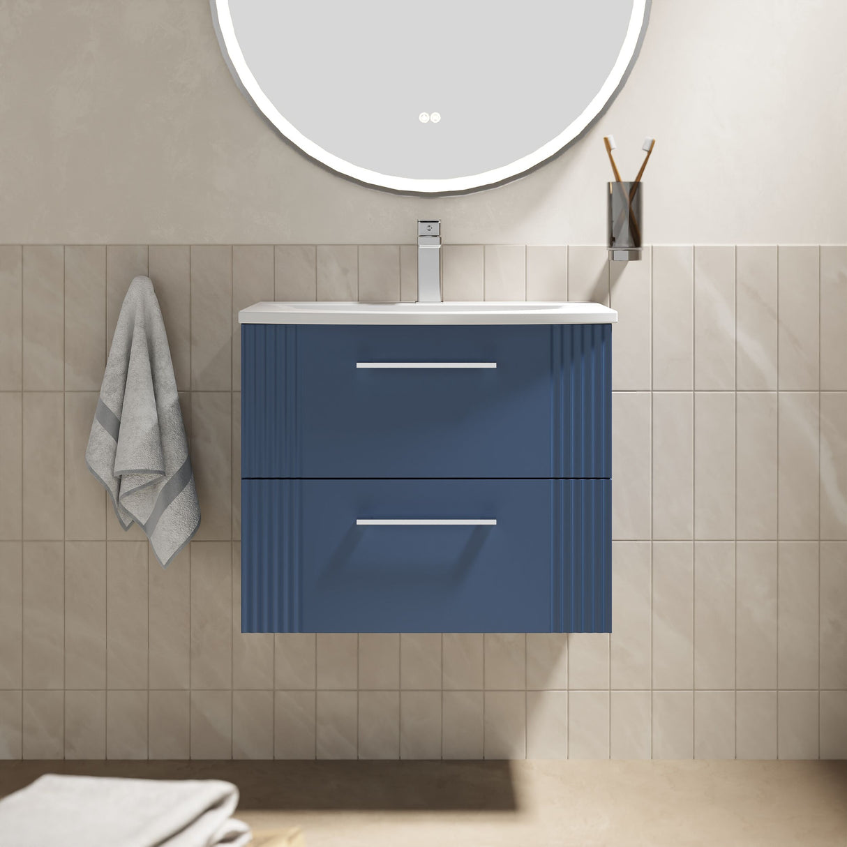 [BFPF393G] Belvide Retro Partial Fluted 2 Drawer Wall Hung Vanity Basin Unit with Curved Basin, Choice of Size and Colour - Lifestyle 1
