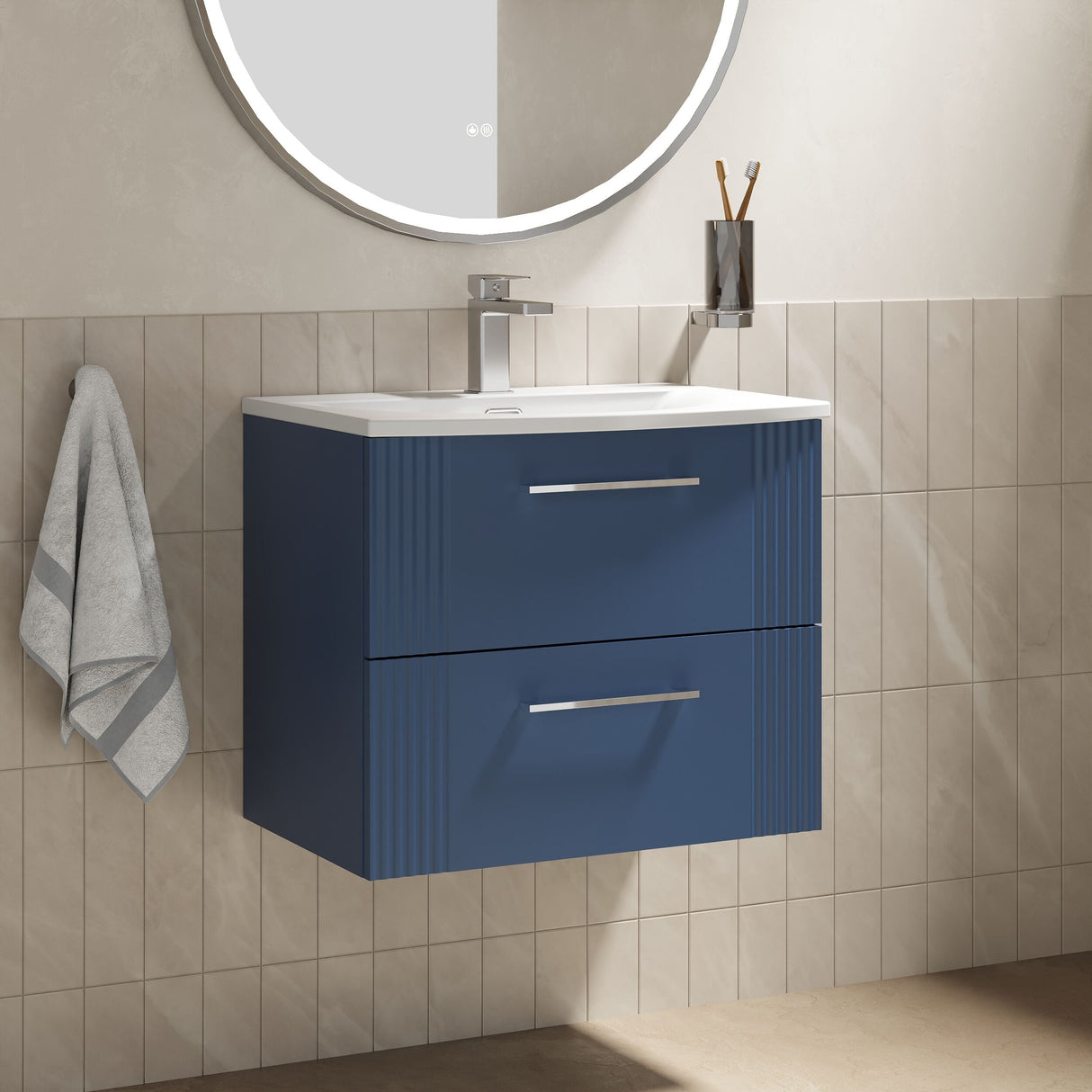 [BFPF393G] Belvide Retro Partial Fluted 2 Drawer Wall Hung Vanity Basin Unit with Curved Basin, Choice of Size and Colour - Lifestyle 3