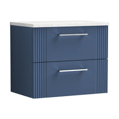 [BFPF393LSW] Partial Fluted 2 Drawer Wall Hung Vanity Unit with Sparkling White Laminate Worktop - 600mm - Satin Blue - Cutout