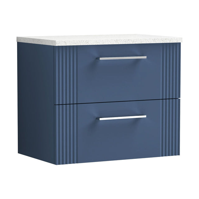 [BFPF393LSW] Partial Fluted 2 Drawer Wall Hung Vanity Unit with Sparkling White Laminate Worktop - 600mm - Satin Blue - Cutout