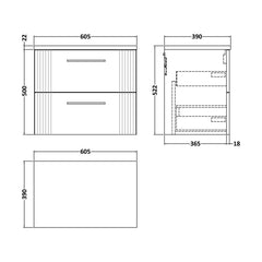 [BFPF393LSW] Belvide Retro Partial Fluted 2 Drawer Wall Hung Vanity Unit with Sparkling White Laminate Worktop, Choice of Size and Colour - Technical Drawing