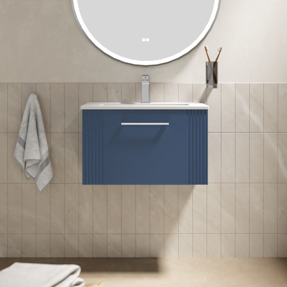 [BFPF394B] Belvide Retro Partial Fluted 1 Drawer Wall Hung Vanity Basin Unit with Minimalist Basin, Choice of Size and Colour