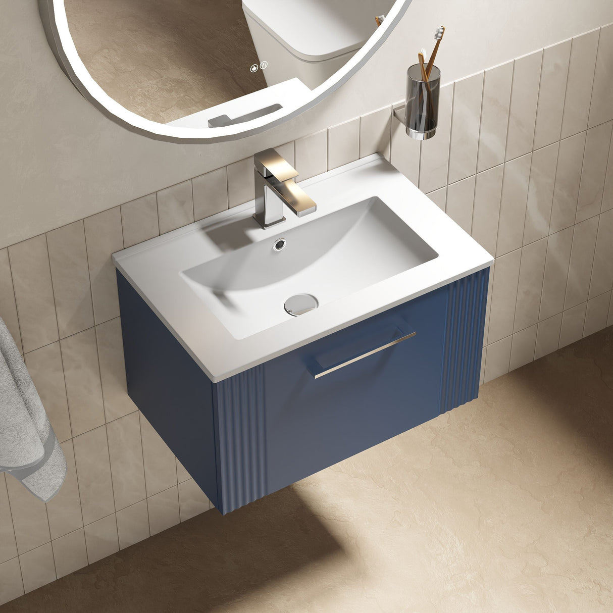 [BFPF394B] Belvide Retro Partial Fluted 1 Drawer Wall Hung Vanity Basin Unit with Minimalist Basin, Choice of Size and Colour