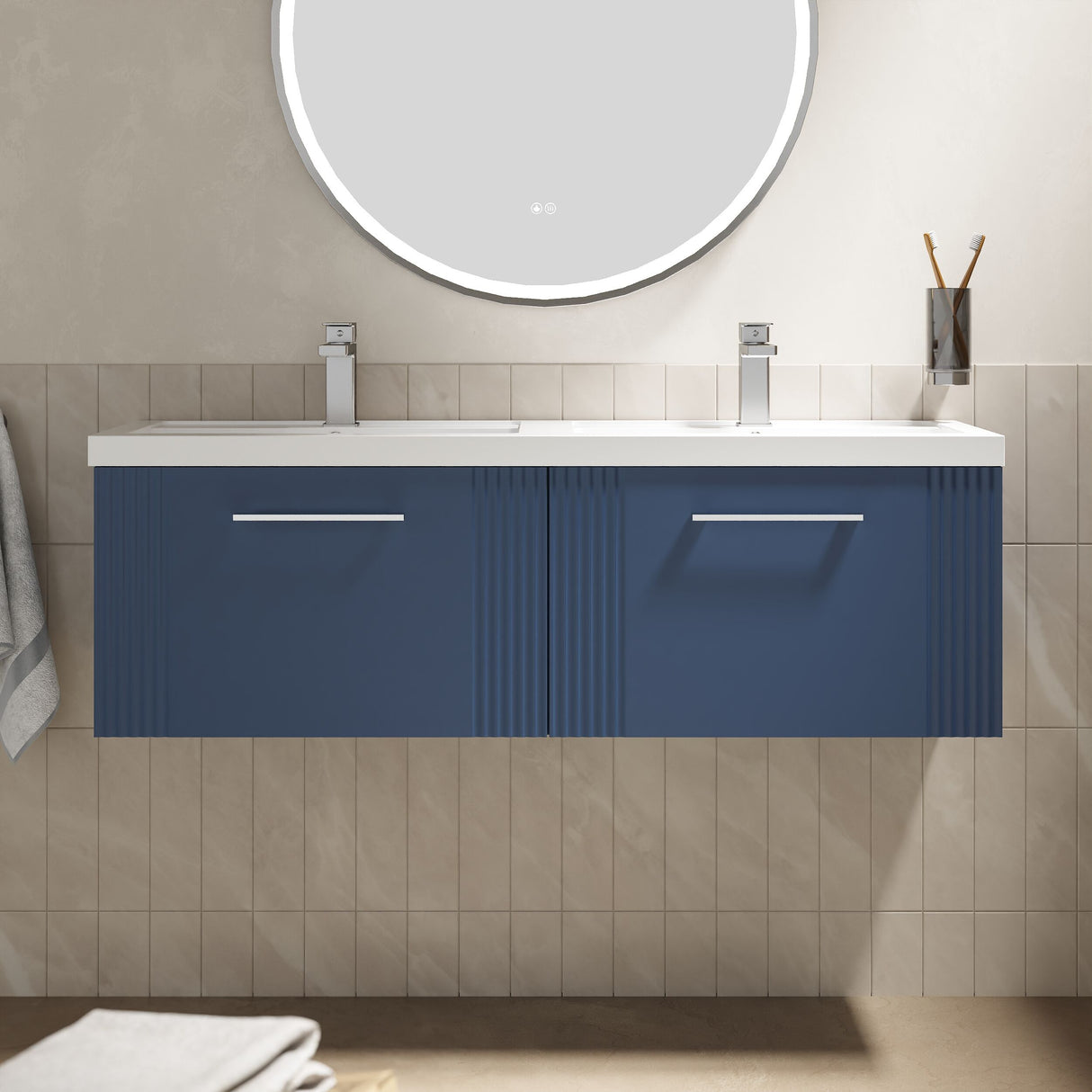 [BFPF394C] Belvide Retro Partial Fluted 2 Drawer Wall Hung Vanity Basin Unit with Double Polymarble Basin, Choice of Colour - Lifestyle 1