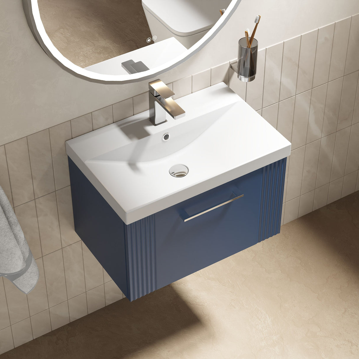 [BFPF394D] Belvide Retro Partial Fluted 1 Drawer Wall Hung Vanity Basin Unit with Thin-Edge Basin, Choice of Size and Colour - Lifestyle 2