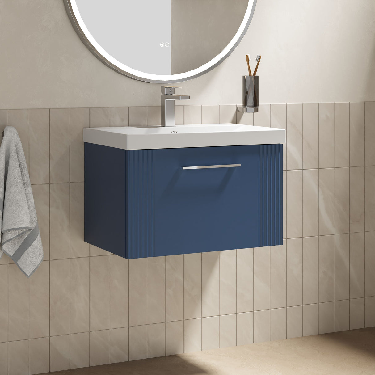 [BFPF394D] Belvide Retro Partial Fluted 1 Drawer Wall Hung Vanity Basin Unit with Thin-Edge Basin, Choice of Size and Colour - Lifestyle 3