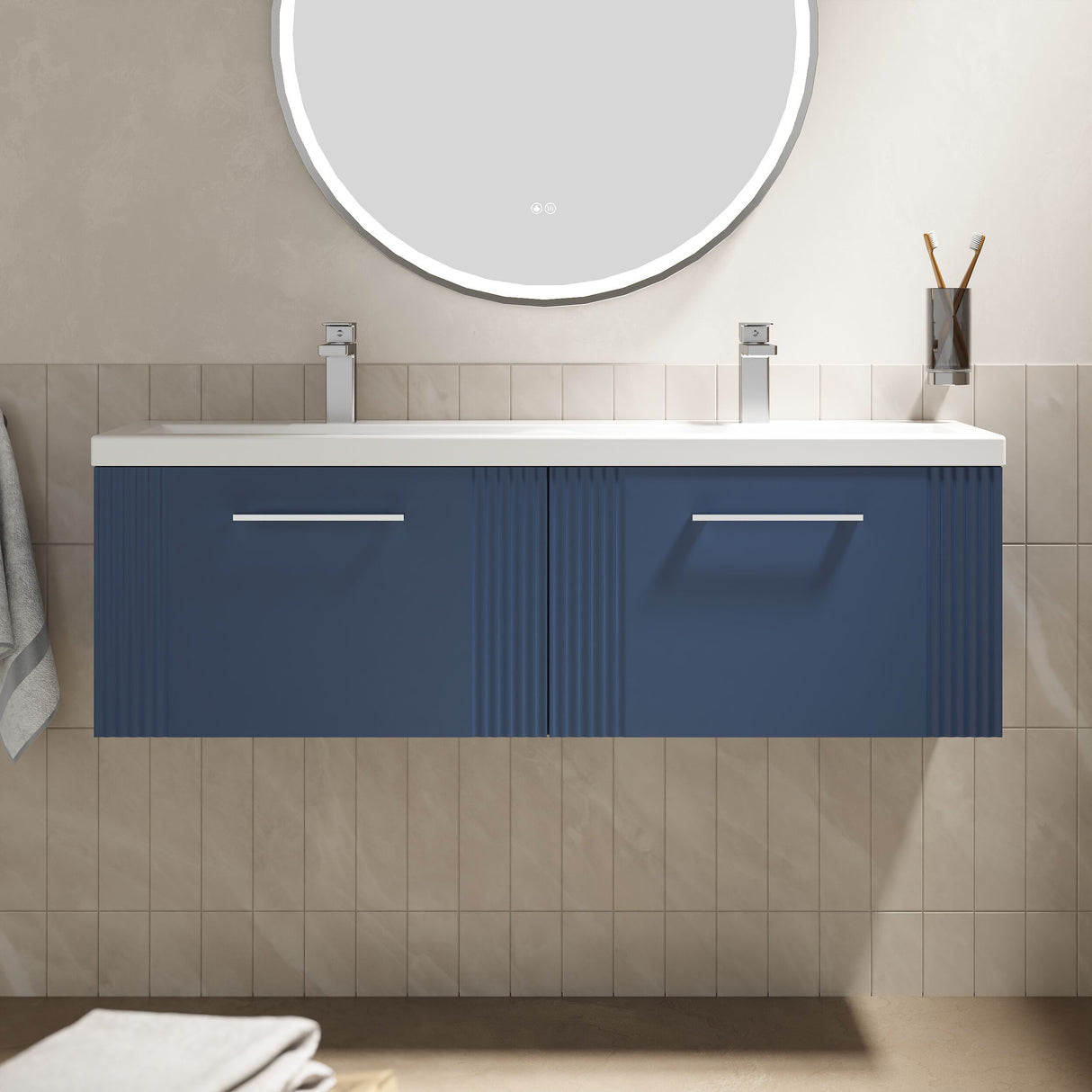[BFPF394F] Belvide Retro Partial Fluted 2 Drawer Wall Hung Vanity Basin Unit with Double Ceramic Basin, Choice of Colour - Lifestyle 1