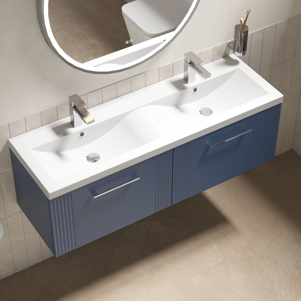 [BFPF394F] Belvide Retro Partial Fluted 2 Drawer Wall Hung Vanity Basin Unit with Double Ceramic Basin, Choice of Colour - Lifestyle 2