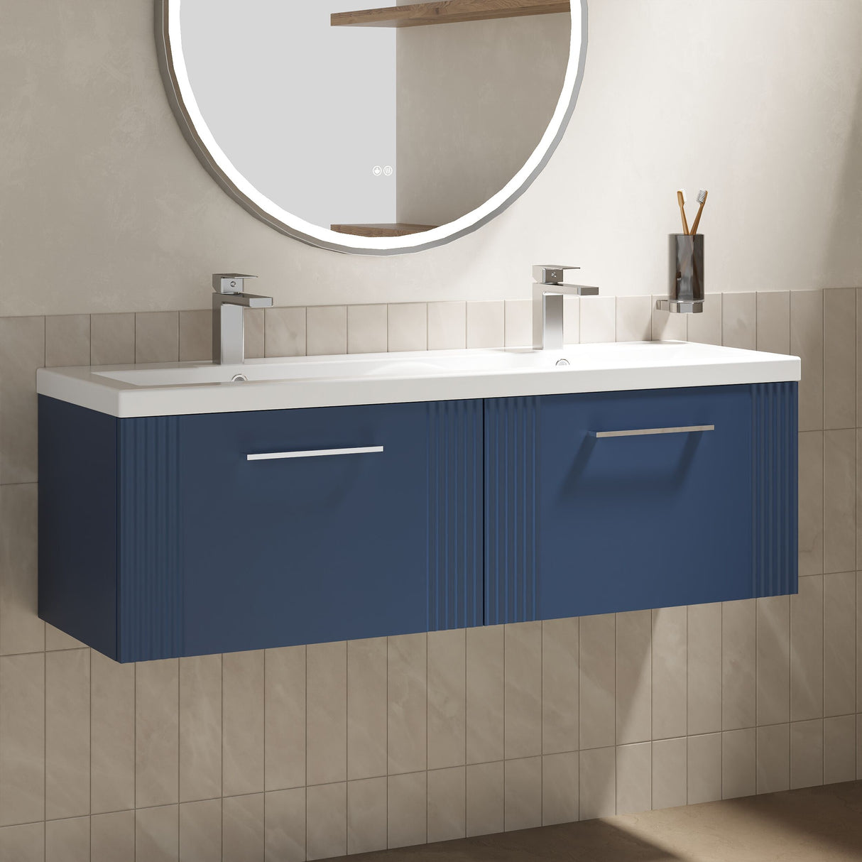 [BFPF394F] Belvide Retro Partial Fluted 2 Drawer Wall Hung Vanity Basin Unit with Double Ceramic Basin, Choice of Colour - Lifestyle 3