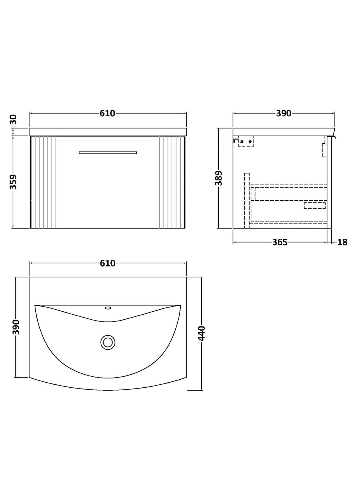 [BFPF394G] Belvide Retro Partial Fluted 1 Drawer Wall Hung Vanity Basin Unit with Curved Basin, Choice of Size and Colour - Technical Drawing
