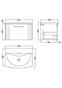 [BFPF394G] Belvide Retro Partial Fluted 1 Drawer Wall Hung Vanity Basin Unit with Curved Basin, Choice of Size and Colour - Technical Drawing