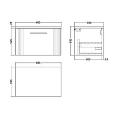 [BFPF394LSW] Belvide Retro Partial Fluted 1 Drawer Wall Hung Vanity Unit with Sparkling White Laminate Worktop, Choice of Size and Colour - Technical Drawing