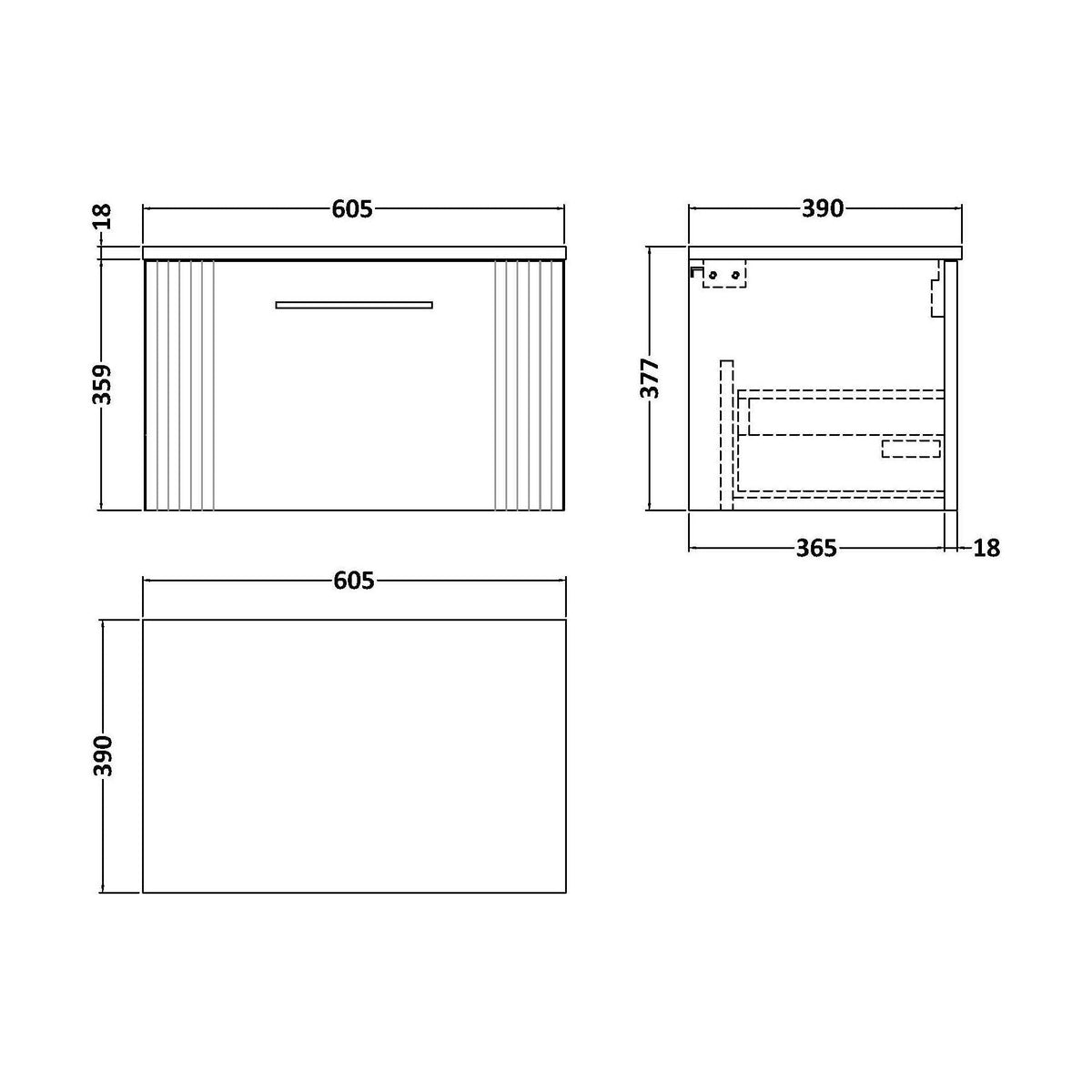 [BFPF394W] Belvide Retro Partial Fluted 1 Drawer Wall Hung Vanity Unit with Colour Coordinating Worktop, Choice of Size and Colour - Technical Drawing