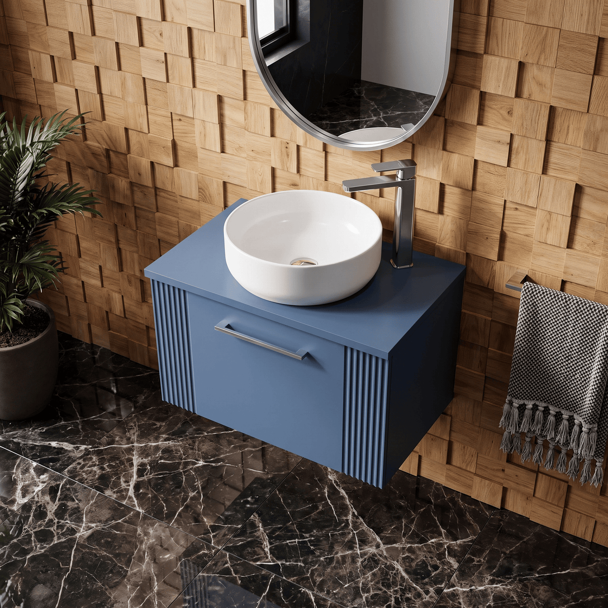 [BFPF394W] Belvide Retro Partial Fluted 1 Drawer Wall Hung Vanity Unit with Colour Coordinating Worktop, Choice of Size and Colour - Lifestyle 2
