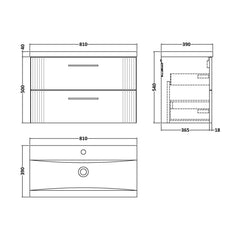 [BFPF395A] Belvide Partial Fluted 2 Drawer Wall Hung Vanity Unit with Mid-Edge 1 Tap Hole Ceramic Basin - Technical Drawing