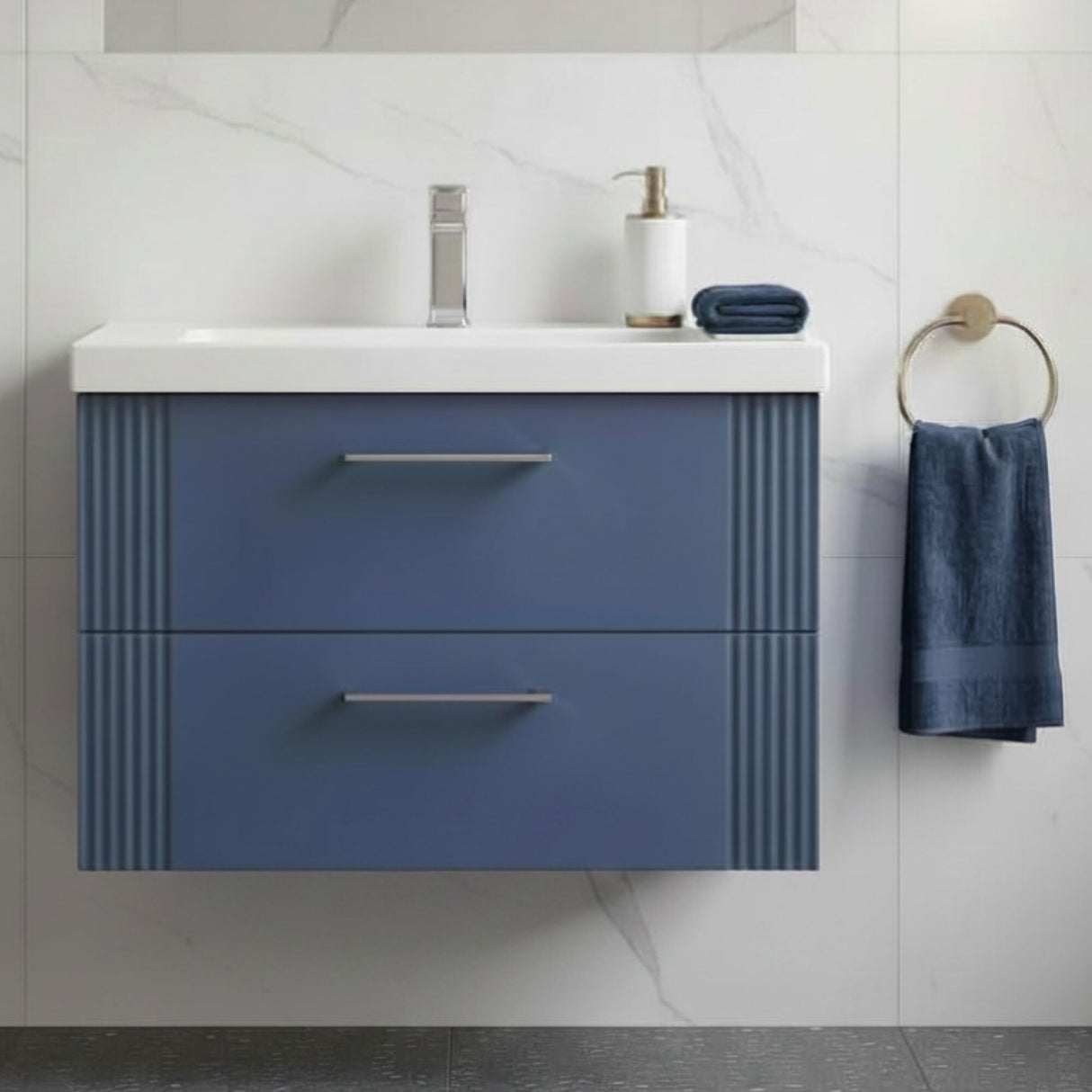 [BFPF395A] Belvide Partial Fluted 2 Drawer Wall Hung Vanity Unit with Mid-Edge 1 Tap Hole Ceramic Basin - Silo