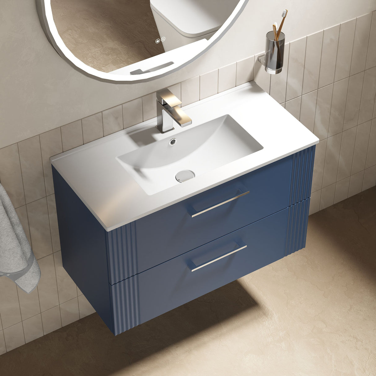 [BFPF395B] Belvide Retro Partial Fluted 2 Drawer Wall Hung Vanity Basin Unit with Minimalist Basin, Choice of Size and Colour - Lifestyle 2