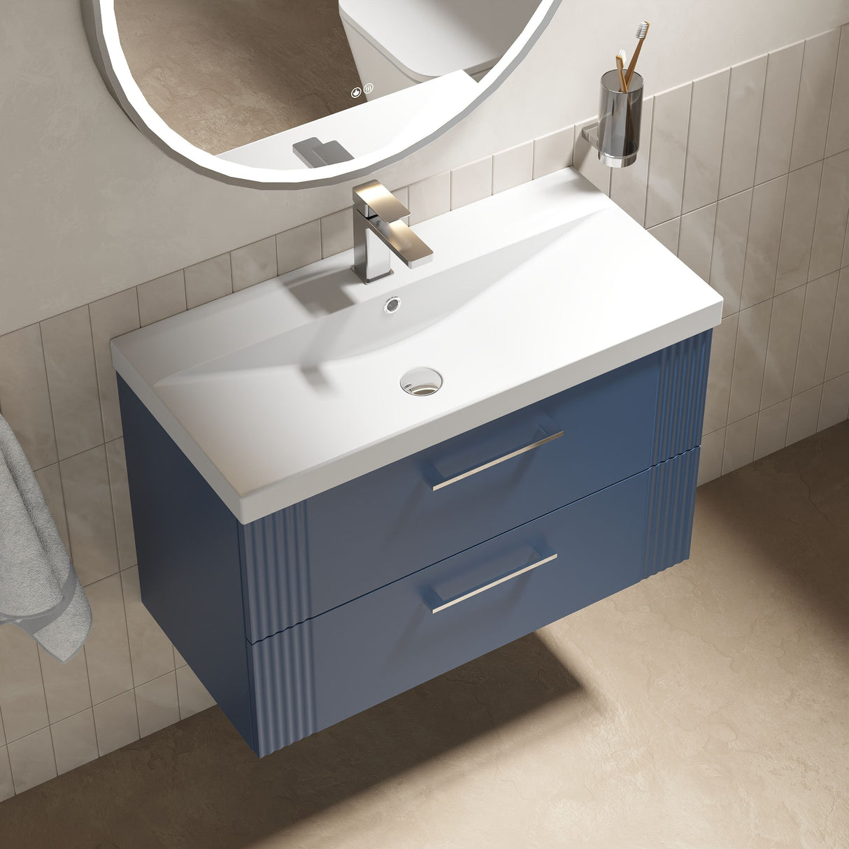 [BFPF395D] Belvide Retro Partial Fluted 2 Drawer Wall Hung Vanity Basin Unit with Thin-Edge Basin, Choice of Size and Colour - Lifestyle 2