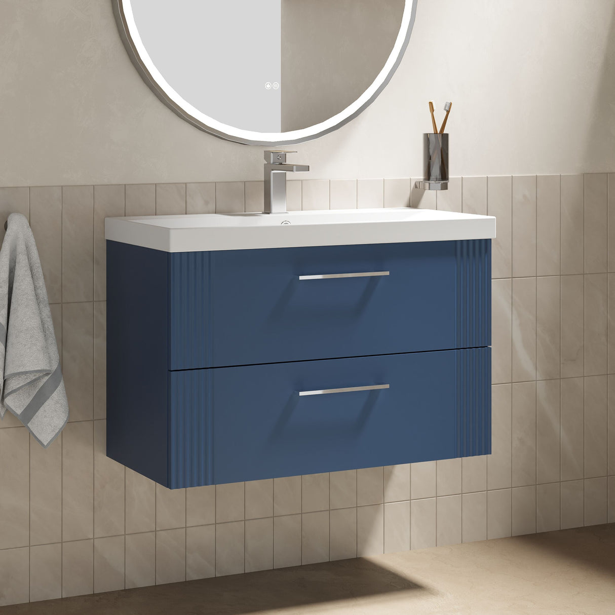 [BFPF395D] Belvide Retro Partial Fluted 2 Drawer Wall Hung Vanity Basin Unit with Thin-Edge Basin, Choice of Size and Colour - Lifestyle 3
