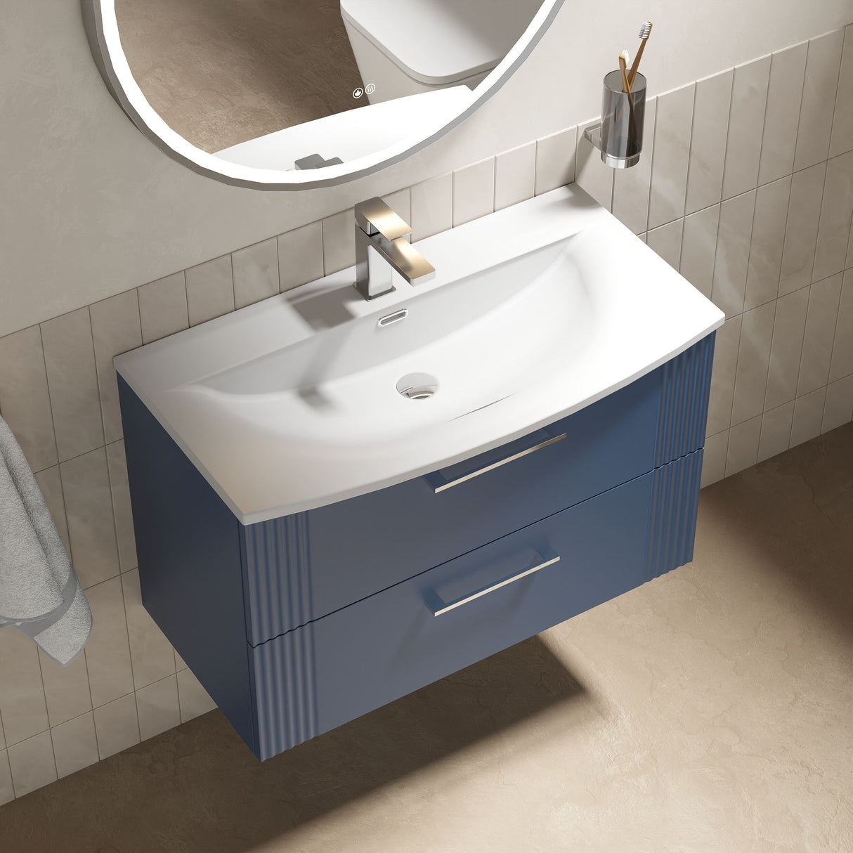[BFPF395G] Belvide Retro Partial Fluted 2 Drawer Wall Hung Vanity Basin Unit with Curved Basin, Choice of Size and Colour - Lifestyle 2