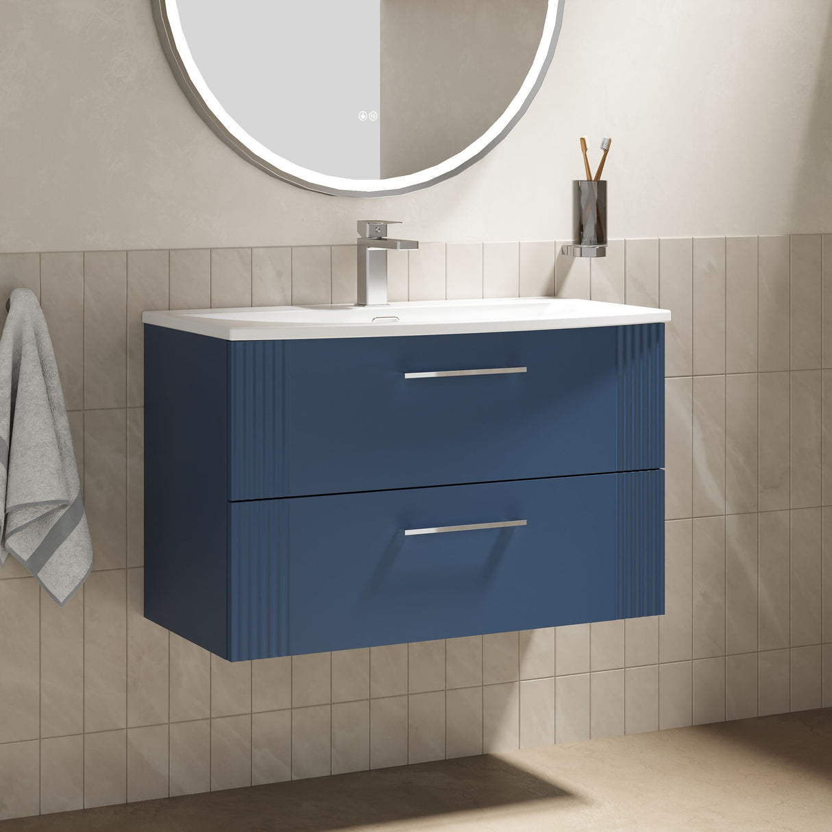 [BFPF395G] Belvide Retro Partial Fluted 2 Drawer Wall Hung Vanity Basin Unit with Curved Basin, Choice of Size and Colour - Lifestyle 3
