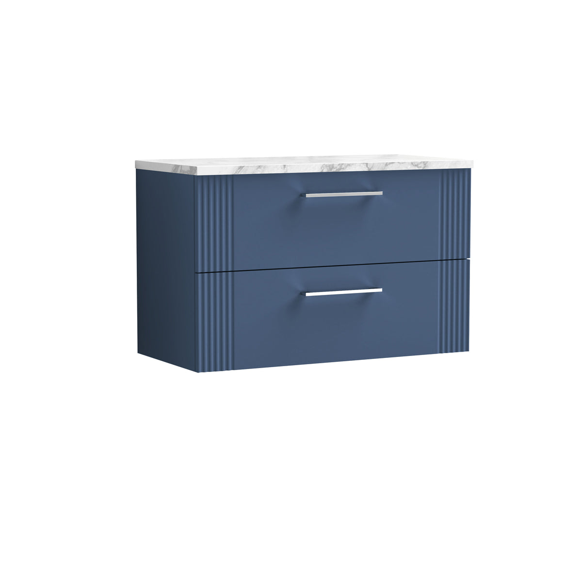 [BFPF395LCM] Belvide Retro Partial Fluted 2 Drawer Wall Hung Vanity Unit with Carrera Marble Laminate Worktop, Choice of Size and Colour - Cutout