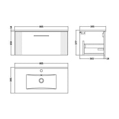 [BFPF396B] Belvide Retro Partial Fluted 1 Drawer Wall Hung Vanity Basin Unit with Minimalist Basin, Choice of Size and Colour - Technical Drawing