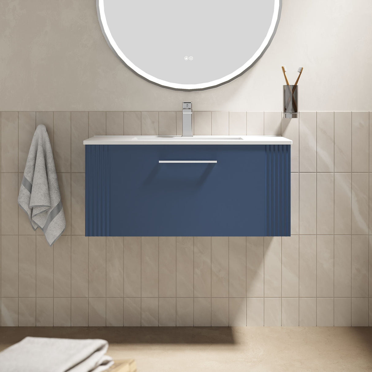 [BFPF396B] Belvide Retro Partial Fluted 1 Drawer Wall Hung Vanity Basin Unit with Minimalist Basin, Choice of Size and Colour