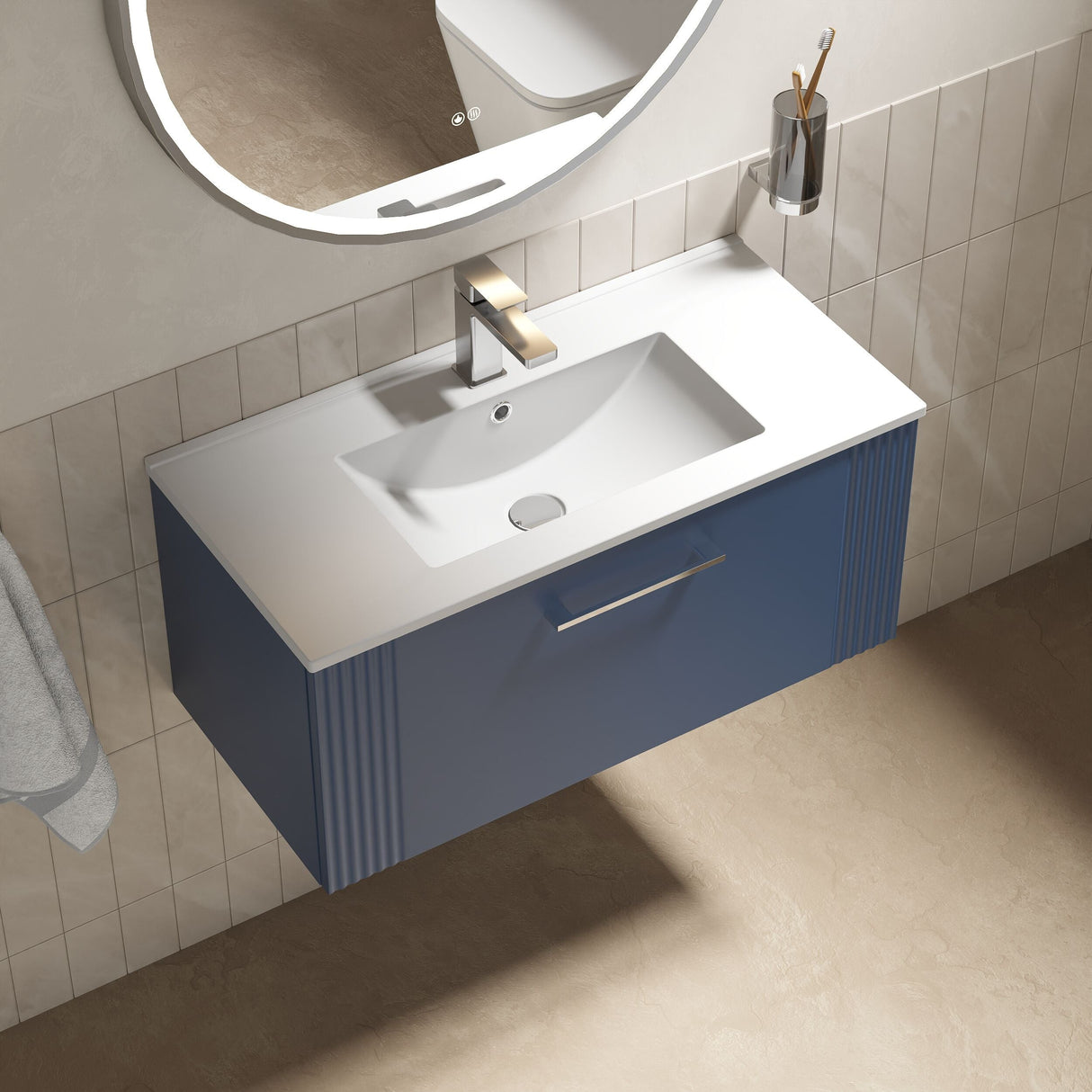 [BFPF396B] Belvide Retro Partial Fluted 1 Drawer Wall Hung Vanity Basin Unit with Minimalist Basin, Choice of Size and Colour