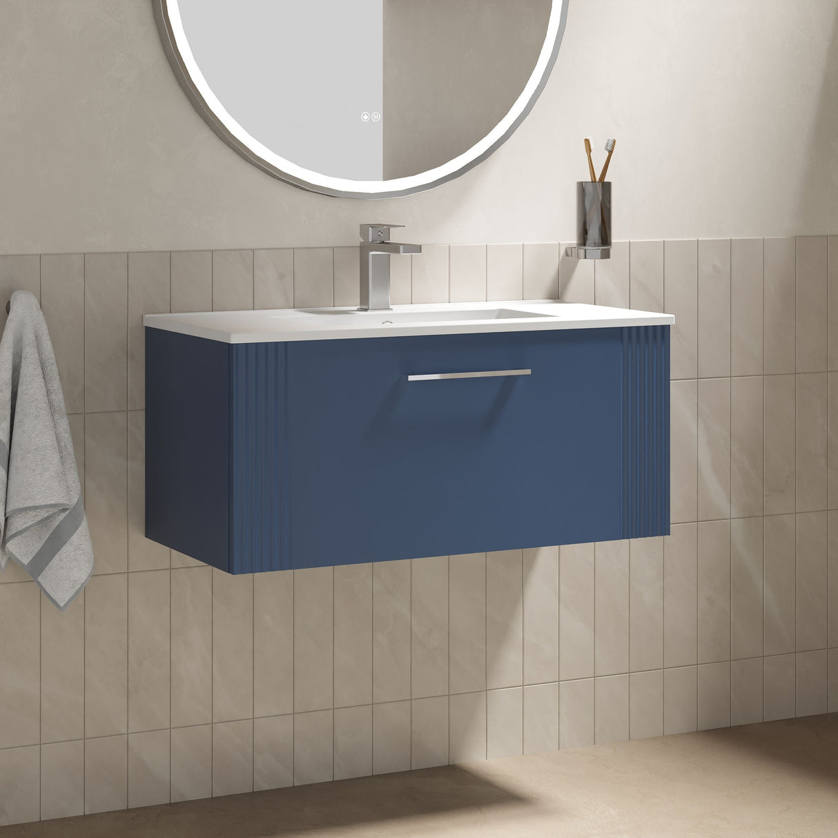 [BFPF396B] Belvide Retro Partial Fluted 1 Drawer Wall Hung Vanity Basin Unit with Minimalist Basin, Choice of Size and Colour